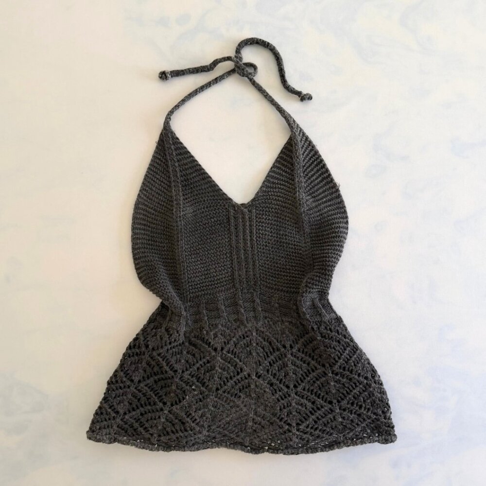 Boutique Charcoal Black Crochet Knit Open Tie Back Halter Top
